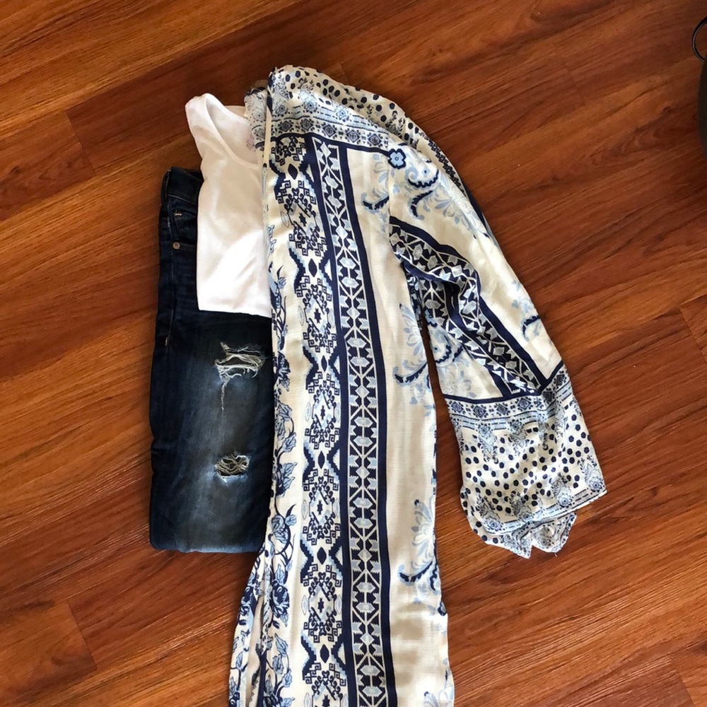 Blue and white duster cape from Francesca’s